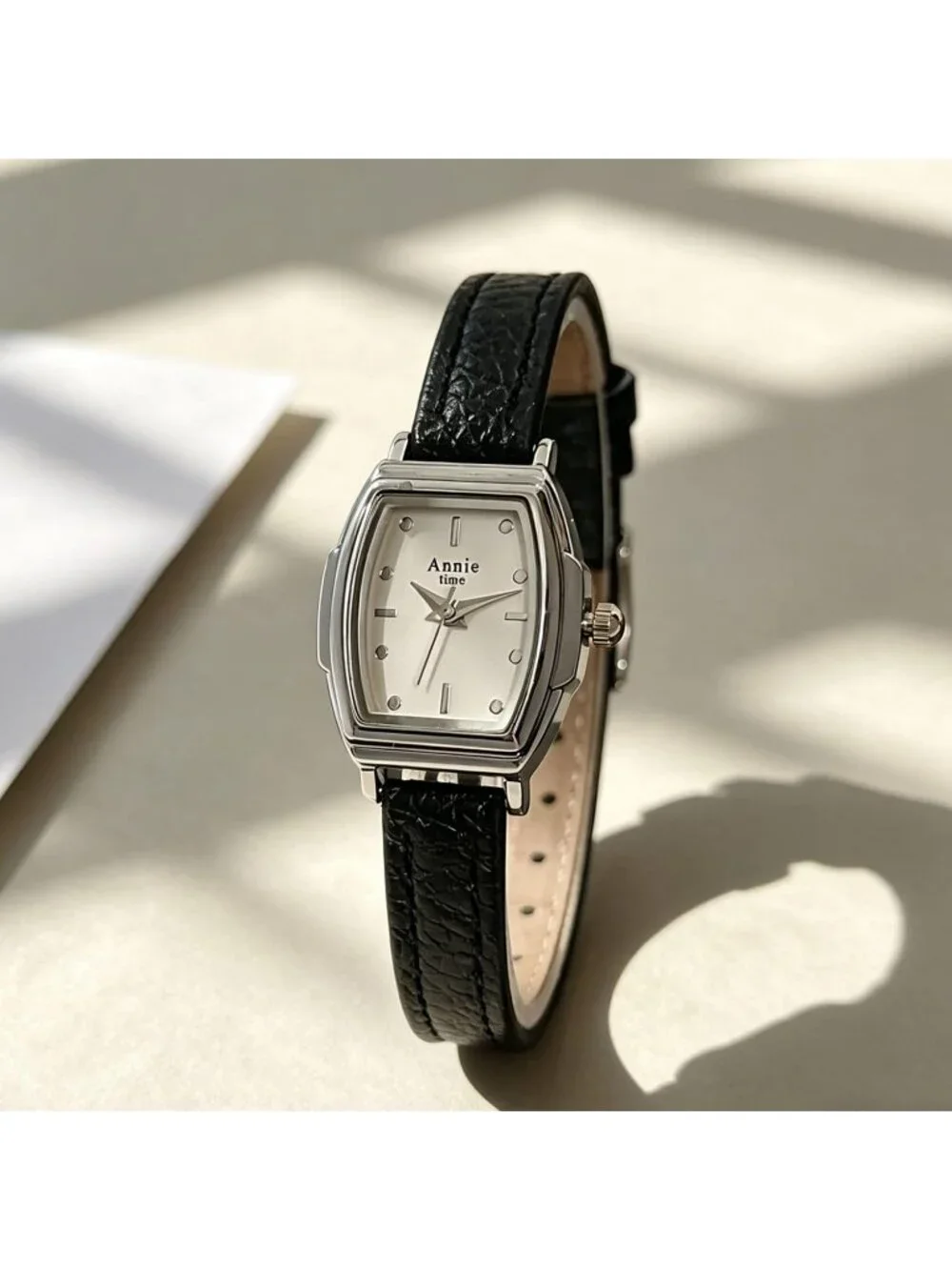 Women's Black White Rectangular Case Metal Case Simple Dial Leather Strap Watch